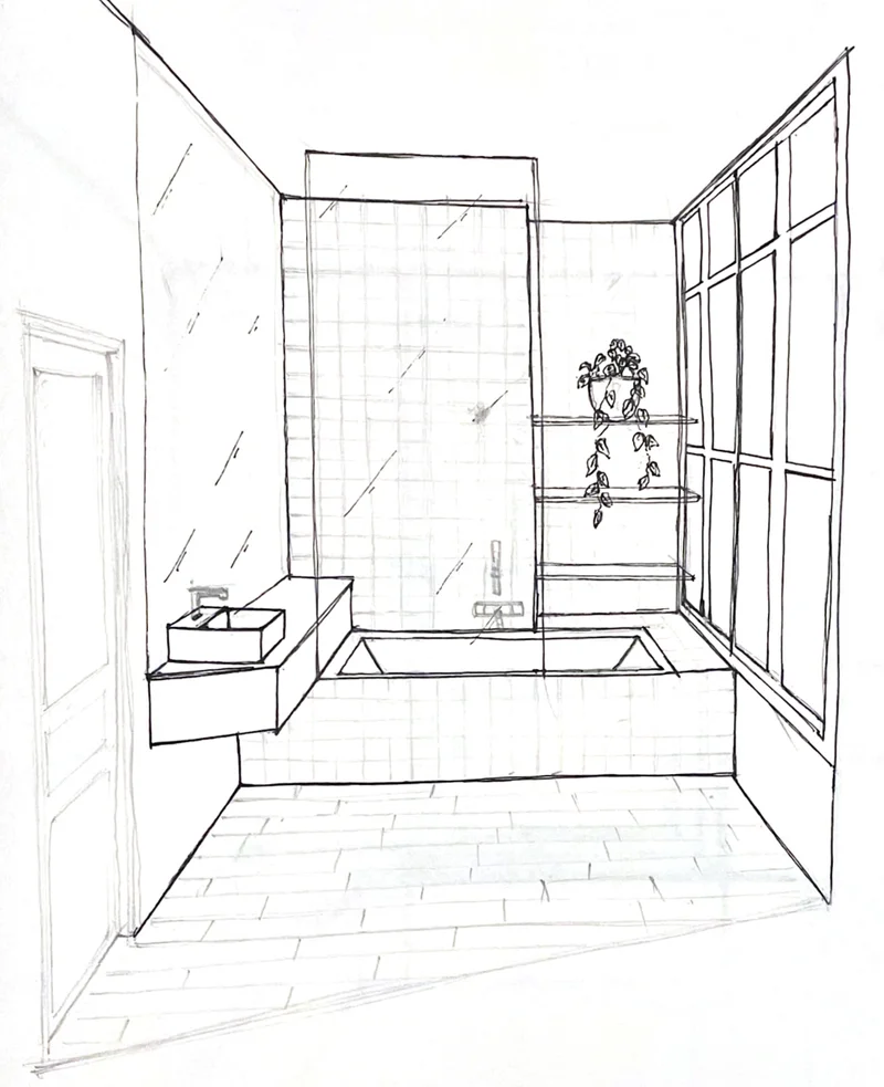 Croquis de salle de bains – projet Accueillir, rénovation Reims, FAIRE Architecte