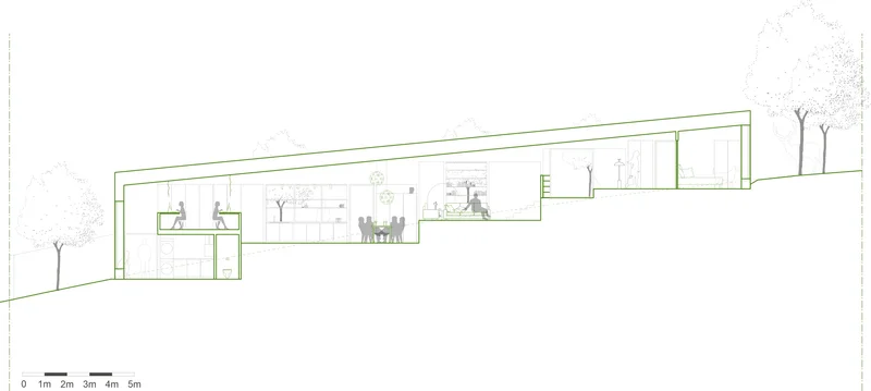Coupe architecturale du projet Ancrer – maison neuve en pente, niveaux décalés, FAIRE Architecte